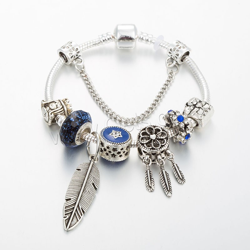 alliage de zinc bracelet European, avec cristal & chalumeau, Plaqué de couleur d'argent, normes différentes pour le choix & pour femme & avec strass, bleu, Longueur:Environ 8.3 pouce, Vendu par brin