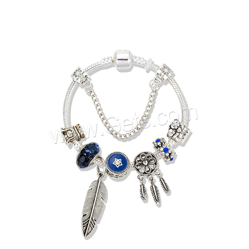 Zinc Alloy European Bracelet, with Crystal & Lampwork, antique silver color plated, different size for choice & for woman & with rhinestone, blue, Length:Approx 8.3 Inch, Sold By Strand