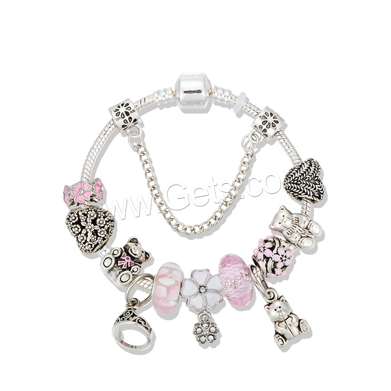 Zinc Alloy European Bracelet, with Crystal & Lampwork, antique silver color plated, different size for choice & for woman & with rhinestone, Length:Approx 8.3 Inch, Sold By Strand