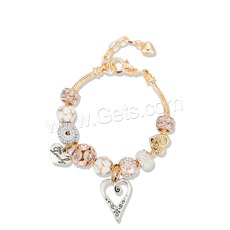 Zinc Alloy European Bracelet, with Lampwork, plated, different size for choice & for woman & with rhinestone, metallic color plated, Length:Approx 8.3 Inch, Sold By Strand