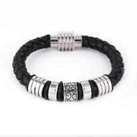 acier inoxydable bracelet, avec Faux cuir, bijoux de mode & unisexe & normes différentes pour le choix, noire, 18.5cm    20.5cm   22cm, Vendu par PC