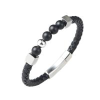 acier inoxydable bracelet, avec Faux cuir, bijoux de mode & unisexe & normes différentes pour le choix, noire, 18.5cm   20.5cm   22cmm, Vendu par PC