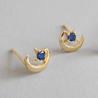 Sterling Silver Stud Earring, 925 Sterling Silver, sterling silver post pin, Moon and Star, gold color plated, fashion jewelry & for woman & with cubic zirconia, 7.7mm 