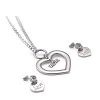 Cubic Zirconia Stainless Steel Jewelry Sets, earring & necklace, Heart, 2 pieces & twist oval chain & with letter pattern & for woman & with cubic zirconia, original color, 36*34mm,14*14mm Approx 18.1 Inch 