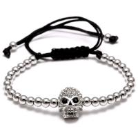 Cubic Zirconia Micro Pave Brass Bracelet, with Cotton Cord, Skull, plated, ball chain & micro pave cubic zirconia & for man 10mm, 4mm Approx 4.7-10.2 Inch 