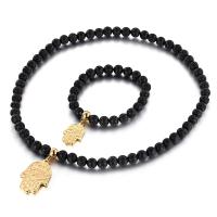 Lava Jewelry Set, bracelet & necklace, with Stainless Steel, Hamsa, gold color plated, 2 pieces & Unisex, black, 8mm,22*16mm,36*21mm Approx 7.8 Inch, Approx 17.7 Inch 