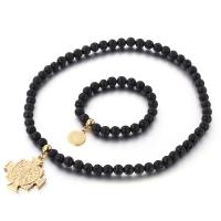 Lava Jewelry Set, bracelet & necklace, with Stainless Steel, gold color plated, 2 pieces & Unisex, black, 8mm,15mm,39*35mm Approx 7.8 Inch, Approx 17.7 Inch 