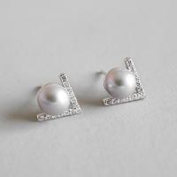 Sterling Silver Natural Pearl Stud Earring, 925 Sterling Silver, with Freshwater Pearl, sterling silver post pin, platinum plated, fashion jewelry & micro pave cubic zirconia & for woman 