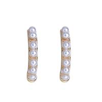 Brass Earring Stud Component, with ABS Plastic Pearl, gold color plated, fashion jewelry & Korean style & with loop, white 