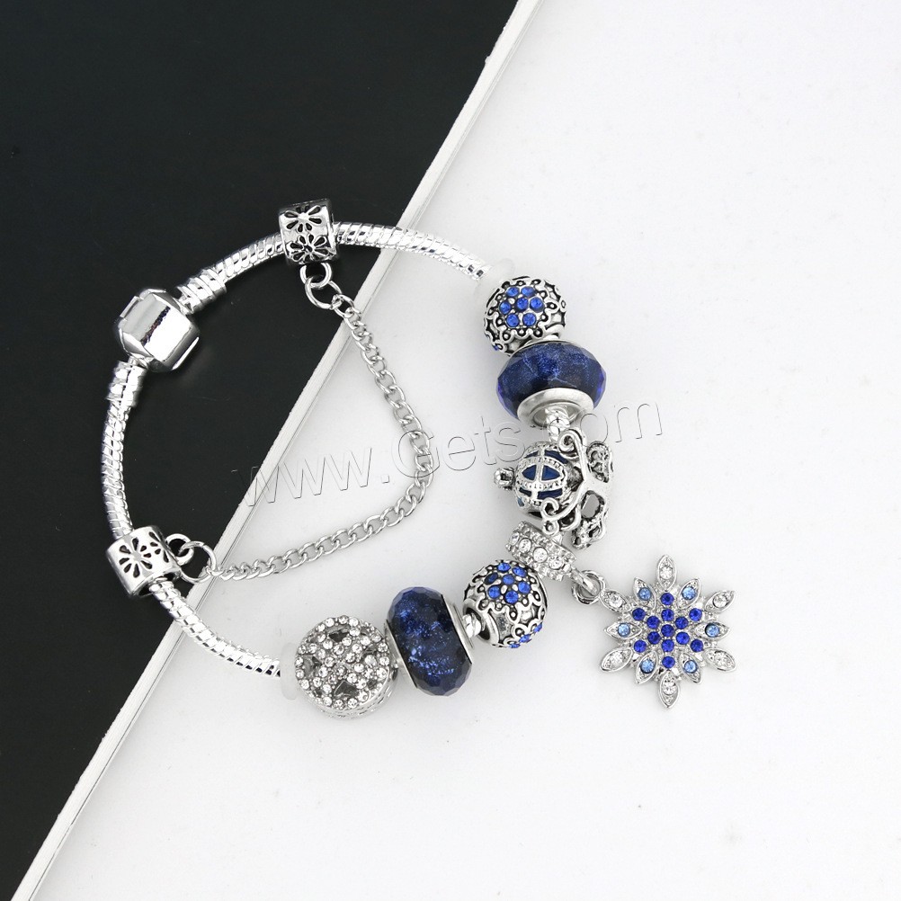 Brass Chain European Bracelets, Zinc Alloy, with Crystal, silver color plated, different size for choice & for woman & with rhinestone, blue, Length:Approx 7.5 Inch, Sold By Strand