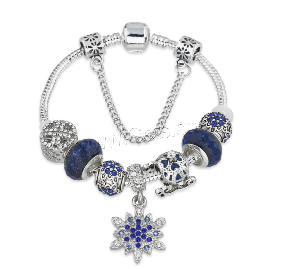 Brass Chain European Bracelets, Zinc Alloy, with Crystal, silver color plated, different size for choice & for woman & with rhinestone, blue, Length:Approx 7.5 Inch, Sold By Strand