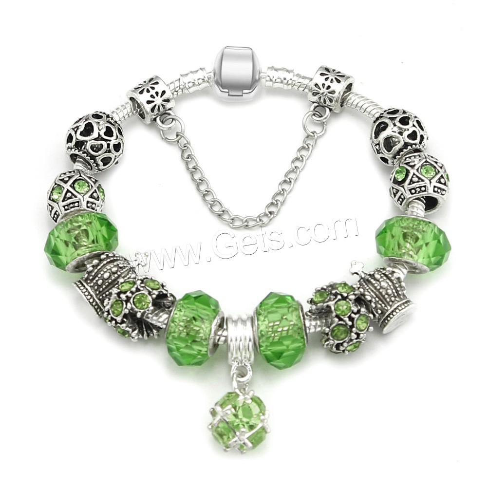 Brass Chain European Bracelets, Zinc Alloy, with Crystal, antique silver color plated, different size for choice & for woman & with rhinestone, green, Length:Approx 8.7 Inch, Sold By Strand