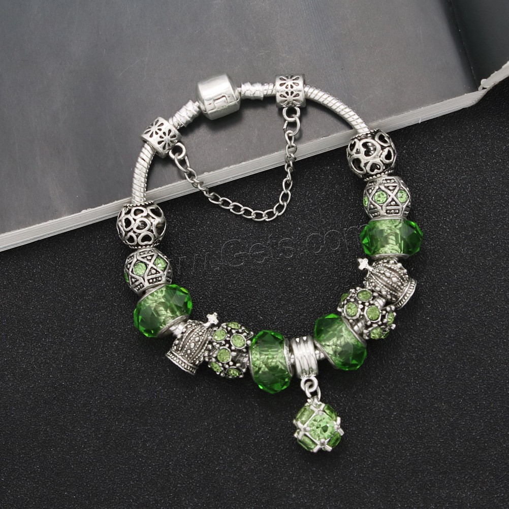 Brass Chain European Bracelets, Zinc Alloy, with Crystal, antique silver color plated, different size for choice & for woman & with rhinestone, green, Length:Approx 8.7 Inch, Sold By Strand