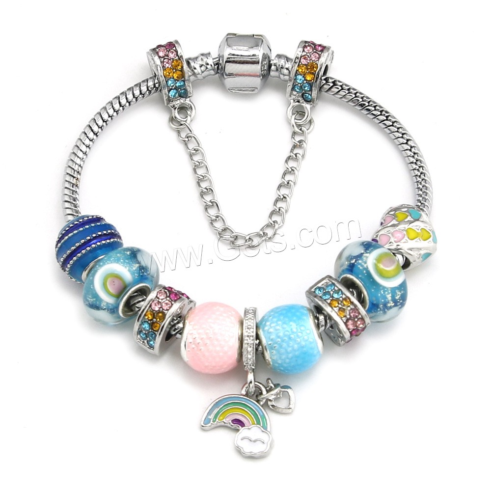 Brass Chain European Bracelets, with Lampwork & Zinc Alloy, antique silver color plated, different size for choice & for woman & enamel & with rhinestone, multi-colored, Length:Approx 8.7 Inch, Sold By Strand