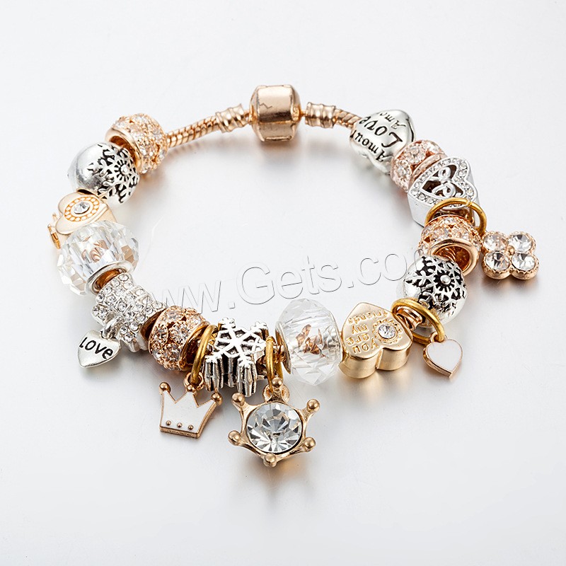 Brass Chain European Bracelets, with Crystal & Lampwork & Zinc Alloy, antique silver color plated, different size for choice & for woman & with rhinestone, Length:Approx 8.3 Inch, Sold By Strand