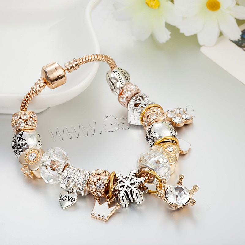 Brass Chain European Bracelets, with Crystal & Lampwork & Zinc Alloy, antique silver color plated, different size for choice & for woman & with rhinestone, Length:Approx 8.3 Inch, Sold By Strand