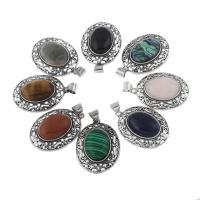 Gemstone Zinc Alloy Pendants, with Gemstone, Flat Oval, antique silver color plated Approx 3mm 