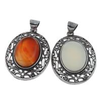 Gemstone Zinc Alloy Pendants, with Gemstone, Flat Oval, antique silver color plated Approx 2.5mm 