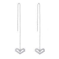 Brass Thread Through Earrings, Heart, silver color plated, fashion jewelry & micro pave cubic zirconia & for woman, 132mm 