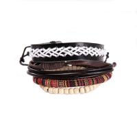PU Leather Cord Bracelets, with Cotton Cord & Wood, 4 pieces & Adjustable & braided bracelet & Unisex, mixed colors Approx 6.9 Inch 