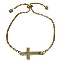 Stainless Steel Chain Bracelets, Cross, gold color plated, Adjustable & box chain & micro pave cubic zirconia & for woman 2mm Approx 6-9 Inch 