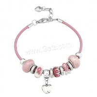 Brass Chain European Bracelets, with zinc alloy bead & PU Leather & Lampwork, plated, for woman & enamel & with rhinestone, pink Approx 8.7 Inch 