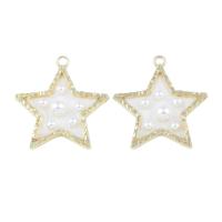 Brass Star Pendants, laiton, avec Plastique ABS perle, étoile plate, Placage de couleur d'or, émail, blanc, 37*6mm Environ 3mm, Vendu par PC