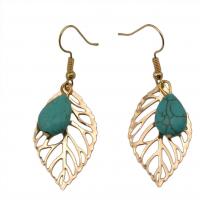 Turquoise Zinc Alloy Earring, with Synthetic Turquoise, Leaf, gold color plated, vintage & for woman & hollow, green 