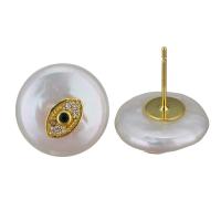 Brass Stud Earring, with Freshwater Pearl, gold color plated, fashion jewelry & micro pave cubic zirconia & for woman, 14.5- 19-20mm,0.8mm 
