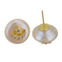 Brass Stud Earring, with Freshwater Pearl, gold color plated, fashion jewelry & micro pave cubic zirconia & for woman 0.8mm 