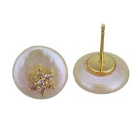 Brass Stud Earring, with Freshwater Pearl, gold color plated, fashion jewelry & for woman & with cubic zirconia 0.8mm 