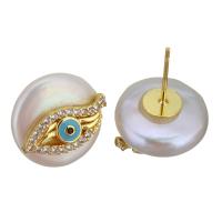 laiton boucle d oreille dormeuse, avec perle d'eau douce cultivée, Placage de couleur d'or, bijoux de mode & pavé de micro zircon & pour femme, 15x19-20mm,0.8mm, Vendu par paire