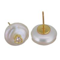 laiton boucle d oreille dormeuse, avec perle d'eau douce cultivée, Placage de couleur d'or, bijoux de mode & pavé de micro zircon & pour femme, 11.5-12.5x12- 0.8mm, Vendu par paire