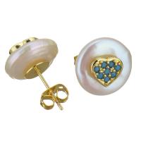laiton boucle d oreille dormeuse, avec perle d'eau douce cultivée, Placage de couleur d'or, bijoux de mode & pavé de micro zircon & pour femme Vendu par paire
