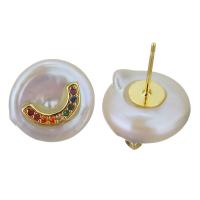 laiton boucle d oreille dormeuse, avec perle d'eau douce cultivée, Placage de couleur d'or, bijoux de mode & pavé de micro zircon & pour femme, 15x14-15x18-20mm,0.8mm, Vendu par paire
