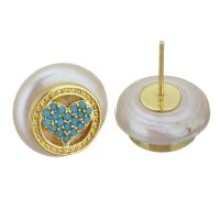 laiton boucle d oreille dormeuse, avec perle d'eau douce cultivée, Placage de couleur d'or, bijoux de mode & pavé de micro zircon & pour femme, 14-14.5x18-20mm,0.8mm, Vendu par paire