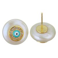 Brass Stud Earring, with Freshwater Pearl, gold color plated, fashion jewelry & evil eye pattern & micro pave cubic zirconia & for woman, 14x19-20mm 