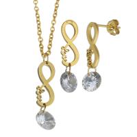 Fashion Stainless Steel Jewelry Sets, earring & necklace, with Glass, Infinity, gold color plated, fashion jewelry & oval chain & for woman 7mm,1.5mm 7mm Approx 17 Inch 