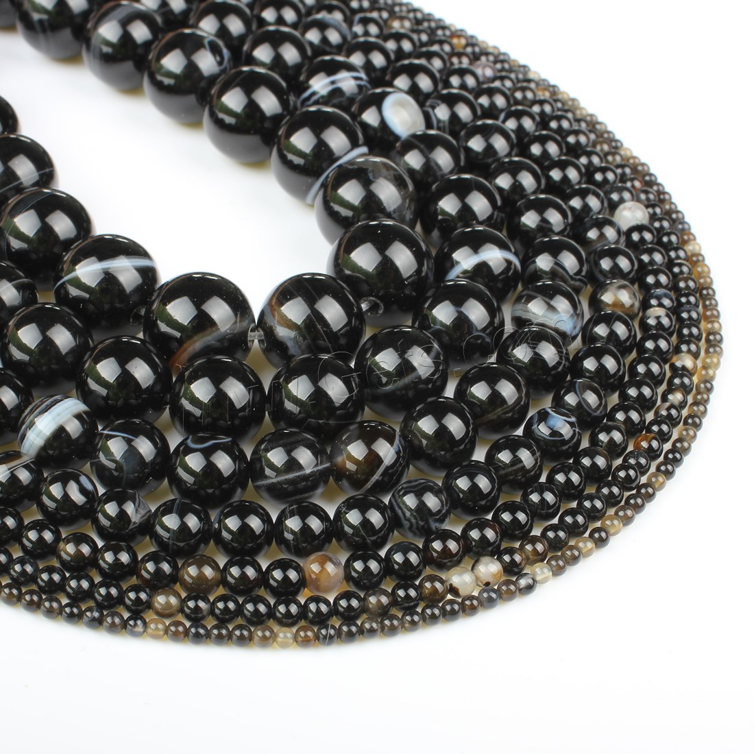 Natürliche Streifen Achat Perlen, rund, verschiedene Größen vorhanden, schwarz, Bohrung:ca. 1mm, Länge:ca. 14.9 ZollInch, verkauft von Strang