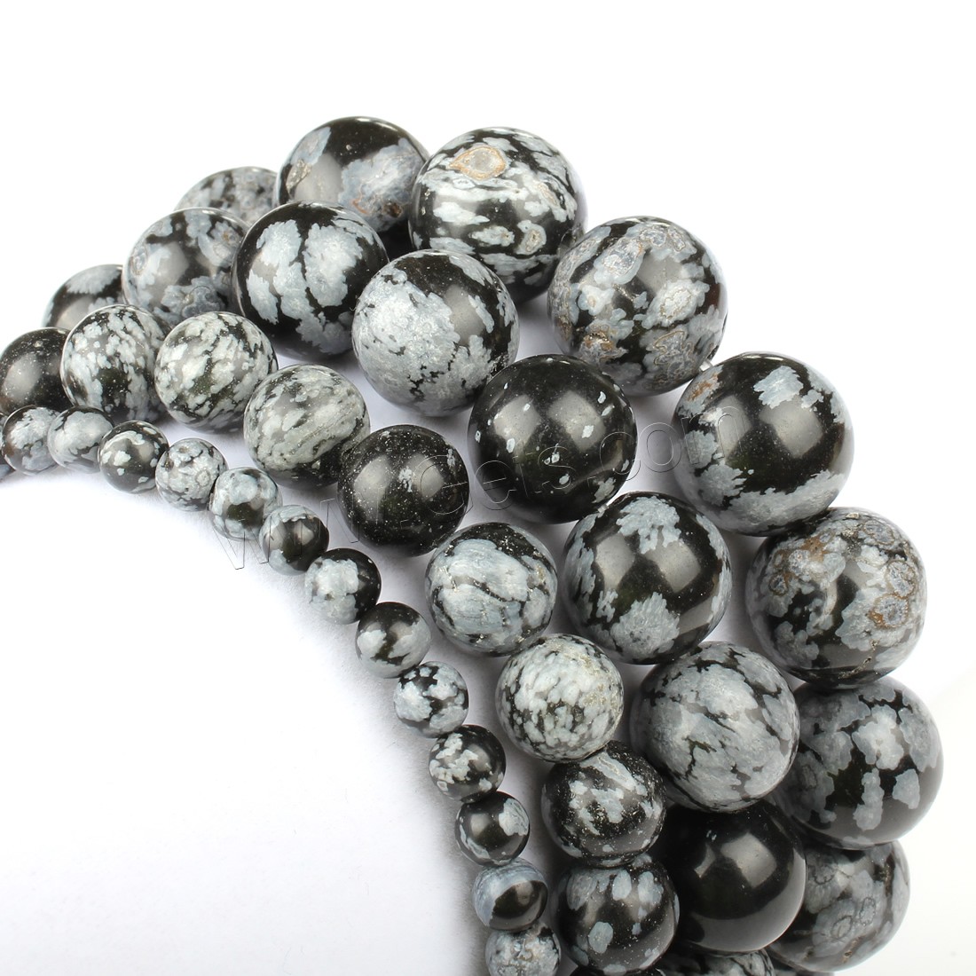 Schneeflocke Obsidian Perle, rund, verschiedene Größen vorhanden, weiß und schwarz, Bohrung:ca. 1mm, Länge:ca. 14.9 ZollInch, verkauft von Strang