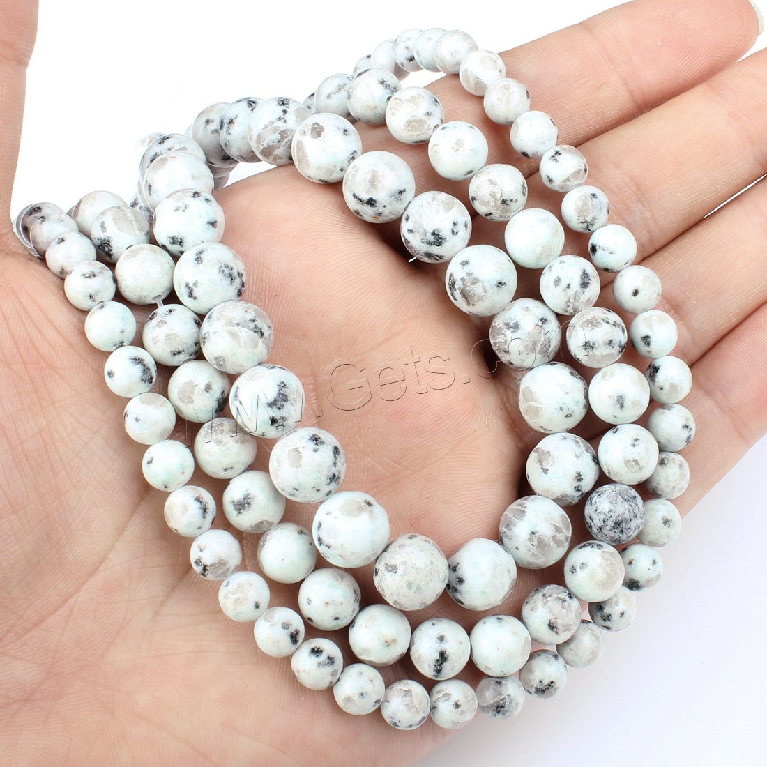 Lotos Jaspis Perle, rund, verschiedene Größen vorhanden, weiß, Bohrung:ca. 1mm, Länge:ca. 14.9 ZollInch, verkauft von Strang