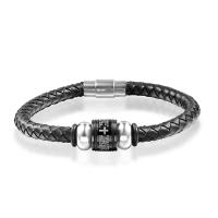 Cowhide Bracelets, Stainless Steel, with Leather, plated, vintage & Unisex, black, 12mm Approx 8 Inch 