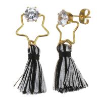 Stainless Steel Tassel Earring, with Cotton Thread, gold color plated, fashion jewelry & for woman & with cubic zirconia, 35mm 