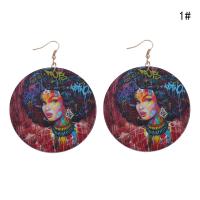 Wood Earring, with Zinc Alloy, Flat Round, printing, fashion jewelry & for woman, 60mm 