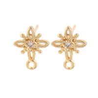 Brass Earring Stud Component, brass post pin, gold color plated, micro pave cubic zirconia & hollow, metallic color plated 
