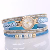 Bangle Watch, Zinc Alloy, with PU Leather & Glass & Plastic Pearl, Chinese movement, gold color plated, waterproofless & dyed & for woman & with rhinestone & multi-strand Approx 8.9 Inch 