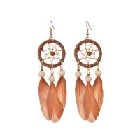 Dream Catcher Earring, Zinc Alloy, with Feather & Velveteen Cord & Wood, gold color plated, Bohemian style & for woman 