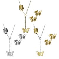 Fashion Stainless Steel Jewelry Sets, Stud Earring & necklace, with 2Inch extender chain, Butterfly, plated, oval chain & for woman 42mm,1.5mm Approx 17 Inch 
