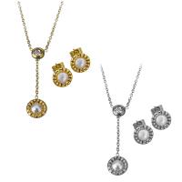 Fashion Stainless Steel Jewelry Sets, Stud Earring & necklace, with Plastic Pearl, with 2Inch extender chain, plated, oval chain & for woman 37mm,1.5mm Approx 17 Inch 