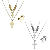 Fashion Stainless Steel Jewelry Sets, Stud Earring & necklace, with 2Inch extender chain, Cross, plated, oval chain & for woman 1.5mm Approx 16 Inch 